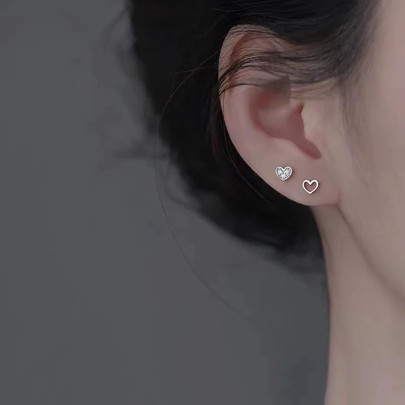 Silver Color Zircon Hollow Heart Mini Stud Earrings For Women Trendy Fine Jewelry Small Niche Luxury Accessories view 4