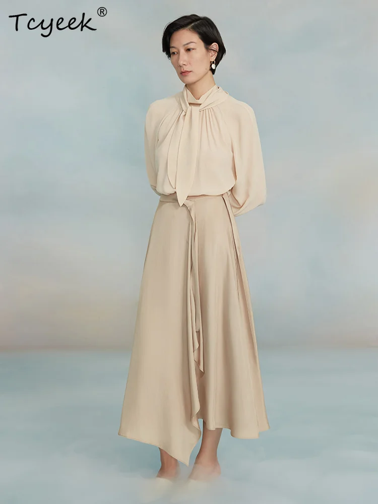 Tcyeek, 19MM 100%Mulberry Silk, Women Ribbon Collar Shirt, Long Sleeve, Fashion OL Bow Blouse, 2024 Autumn Winter Top T49810QM