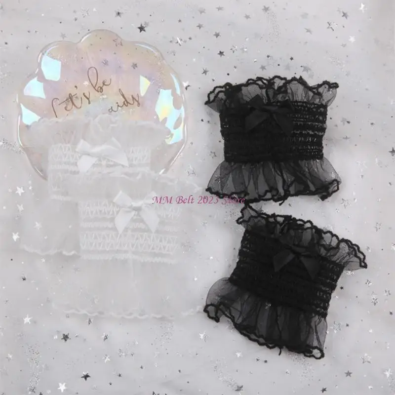 49ME Japanese Sweet Shirred Elastic Wrist Cuffs Color Ruffled Lace Bowknot Bracelet Wristband Anime Hand Sleeves