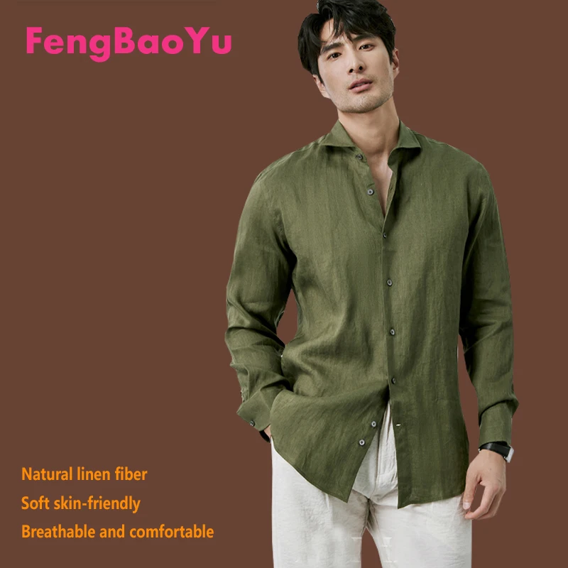 Fengbaoyu Natural Linen Men's Shirt Long-Sleeved Collar Outerwear for Business and Casual Wear, Stylish Men's Clothing