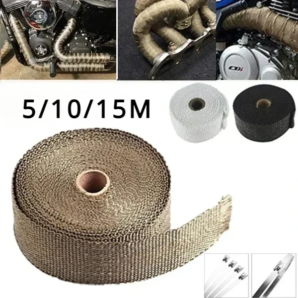 Comes with 10 Zip Ties, 50mm * 5/10/15m Exhaust Pipe Insulation Roll, Banana Cloth, Motorcycle Fiberglass Insulation Tape