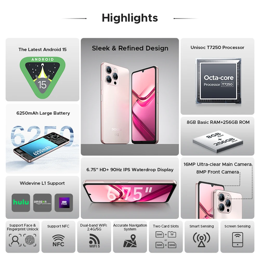 الإصدار العالمي DOOGEE Note58 Pro الذكي 6.75 بوصة HD + شاشة 32 جيجابايت (8 + 24) 256 جيجابايت 6250 مللي أمبير بطارية NFC أندرويد 15 هاتف محمول