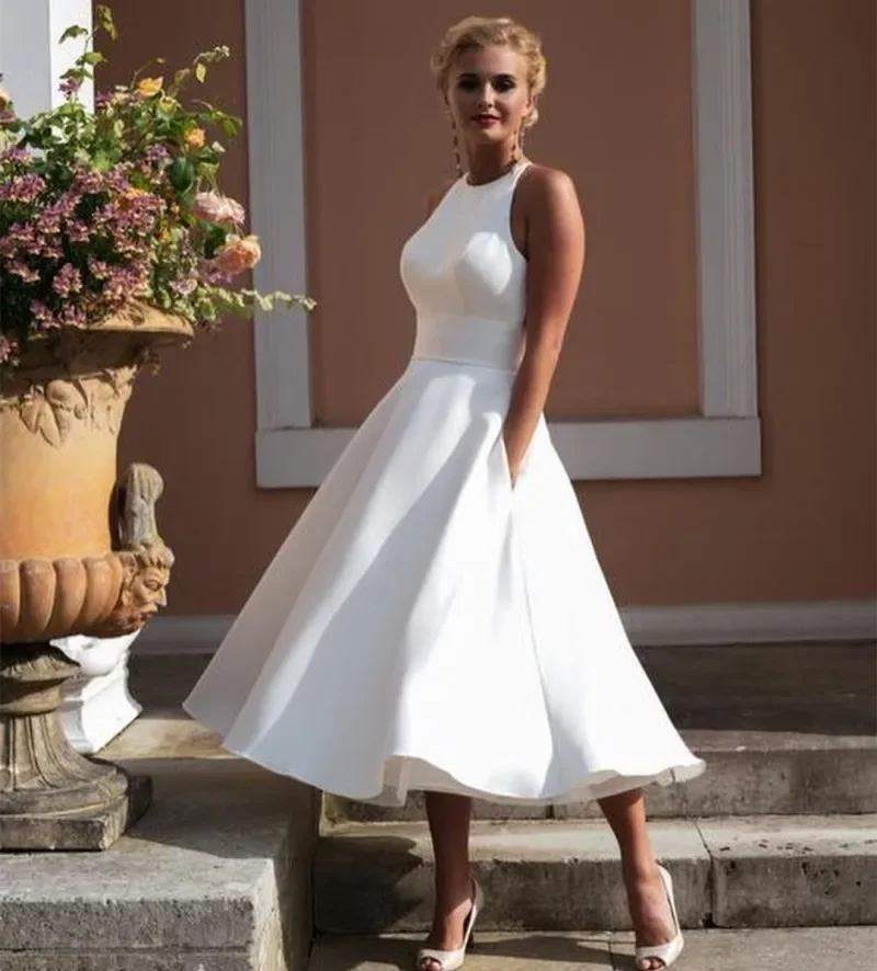 

Hot Sale Wedding Dress Short O-Neck Sleeveless A-Line With Pocket Custom Made Tea Length Bridal Gowns Vestidos De Novia