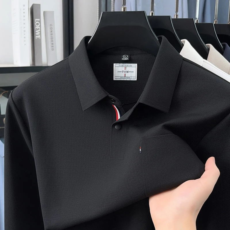 Fashion Trendy Men's Solid Color Lapel Polo Shirt Autumn Skin Friendly Warm Long Sleeved T-Shirt Business Casual Men's Clothing