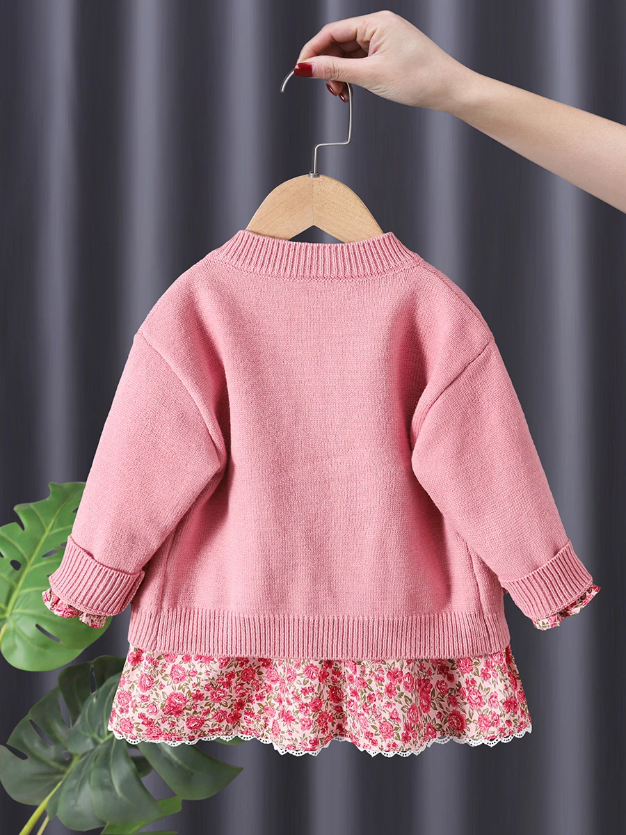 Girls Sweet Princess Suits Knitting Sweater Cardigan Broken Flower Dress+Coats 2pcs Sets Autumn Outfit Children Kids