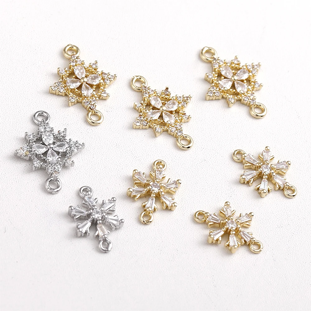 3 Pieces Copper Plating with 14k Gold Zircon Inlaid Snowflake Pendant DIY Jewelry Making Necklace, Bracelet Luggage Accessories