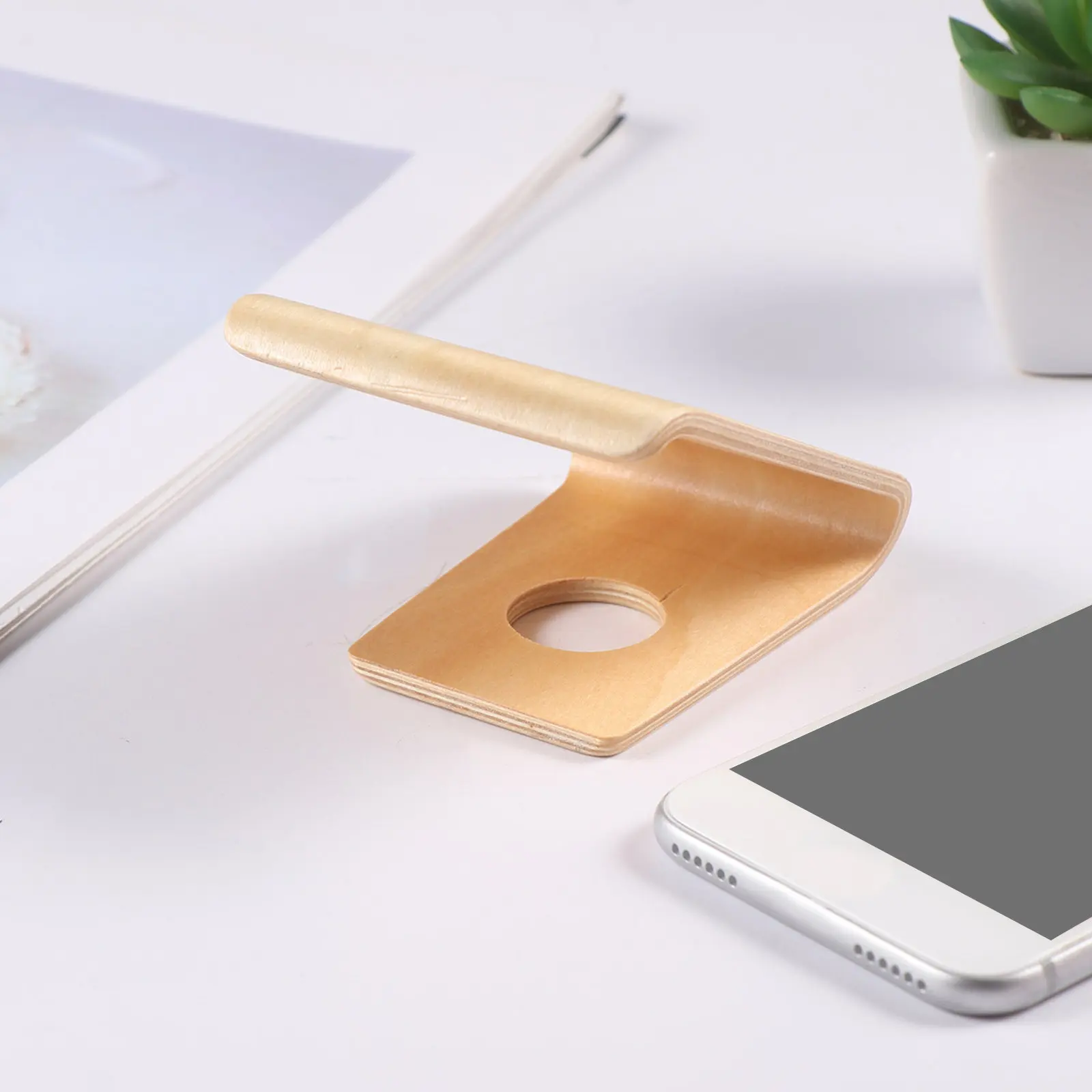 Wooden Phone Bracket Basswood Portable Mobile Stand Holder Universal Support for Phones Tablets Video Watching Desk view 4