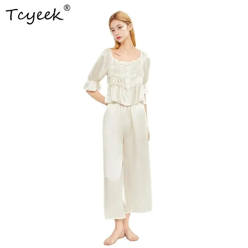

Tcyeek, 16MM 100%Real Silk Pajama Set, Women Short Sleeve Pants, Comfortable French Sweet Homewear, 2024 Summer Fall S46117QC