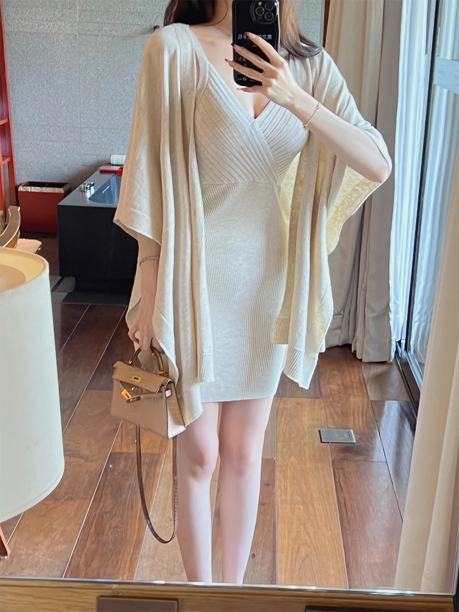 

Комплект из двух предметов Winema Xiaoxue: кардиган с V-образным вырезом и накидкой, свободный женский вязаный свитер однотонного цвета, весенняя мода