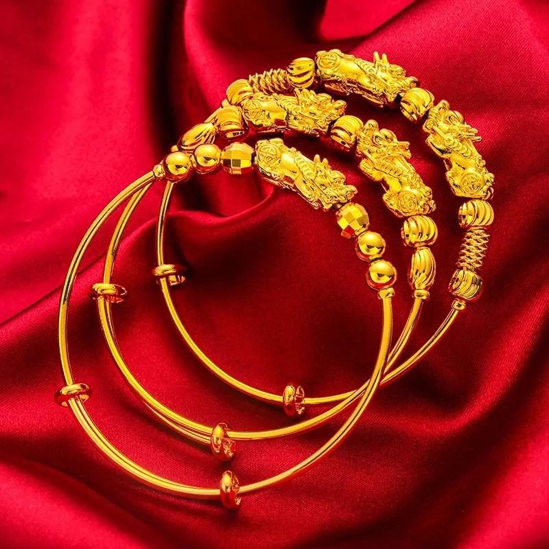 

24k Yellow Gold Color Money Pixiu Transfer Beads Bracelets for Women Golden Bangles Fine Jewelry Gifts Not Fade