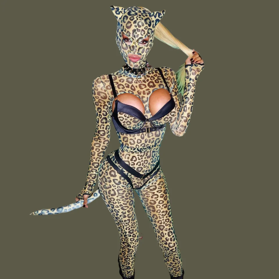 

Ellolace Sexy Clothes Women Lingerie Hot Cosplay Hollow Out Leopard Long Sleeve Pants Set Fetish Party Costume with Headgear Kit