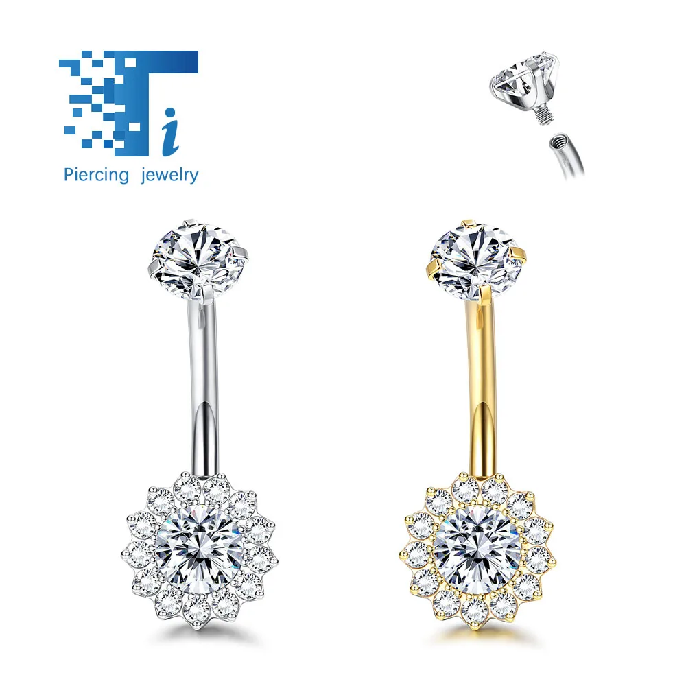 

F136 Titanium Belly Button Nail 14G Inner Threaded Sunflower with Zirconia Belly Button Ring Titanium Body Piercing Jewelry