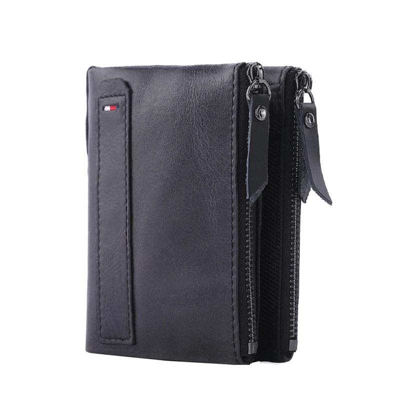 Genuine Leather Men's Wallet Short Fashionable Zero Wallet Cowhide Double Zipper Wallet