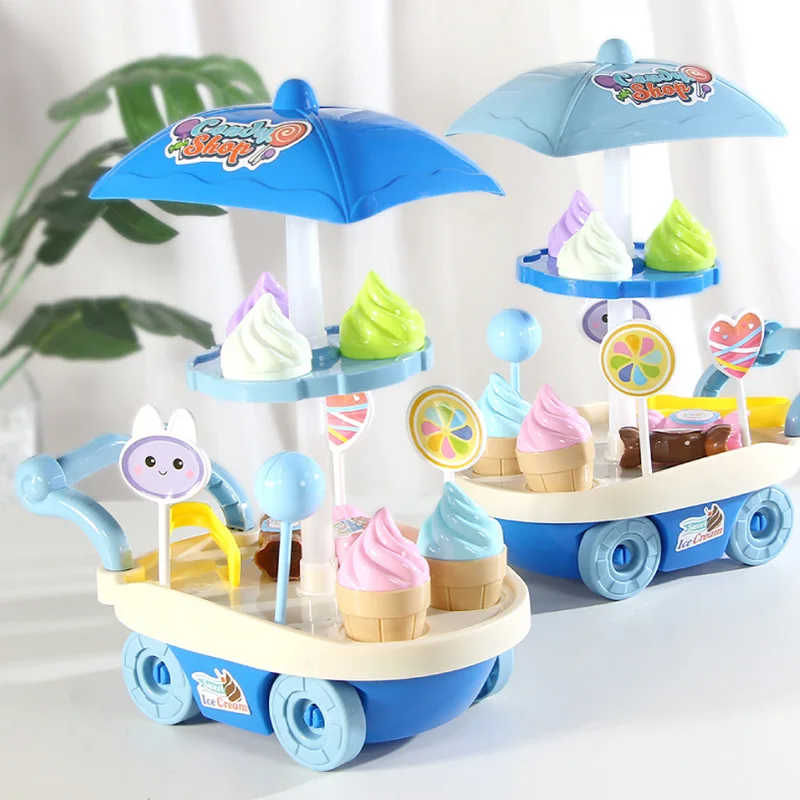 Children Play House Puzzle Ice Cream Car Push Up Cars Cooking Set Simulation Mini Candy Ice-cream Trolley Toys For Boy Girl Gift