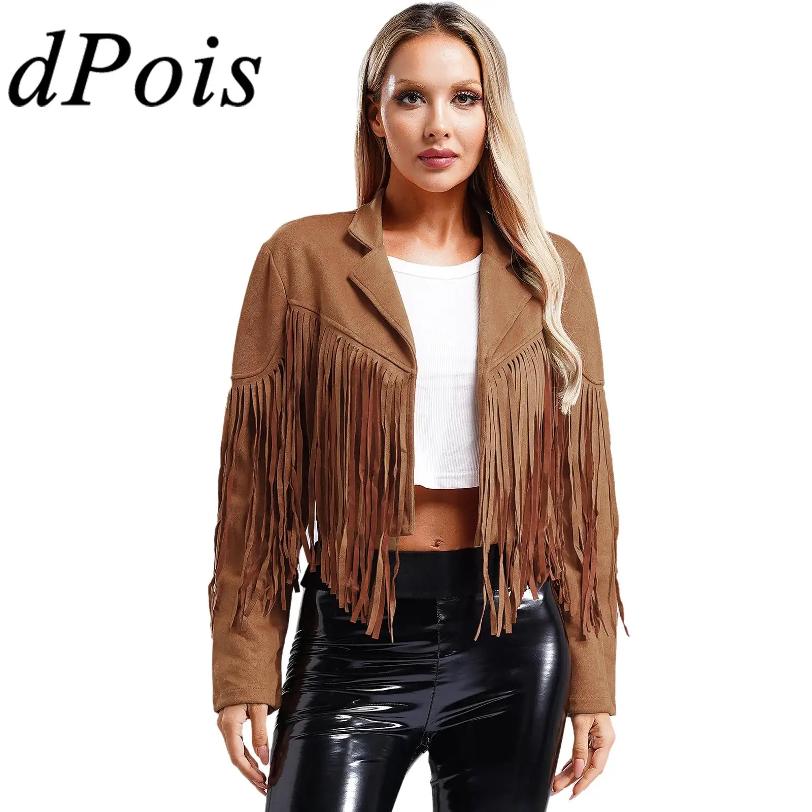 Womens Gothic 80s Hippie Coat Fringe Faux Suede Cropped Jackets Long Sleeve Open Front Cardigan Party Cowgirl Costume Outerwear