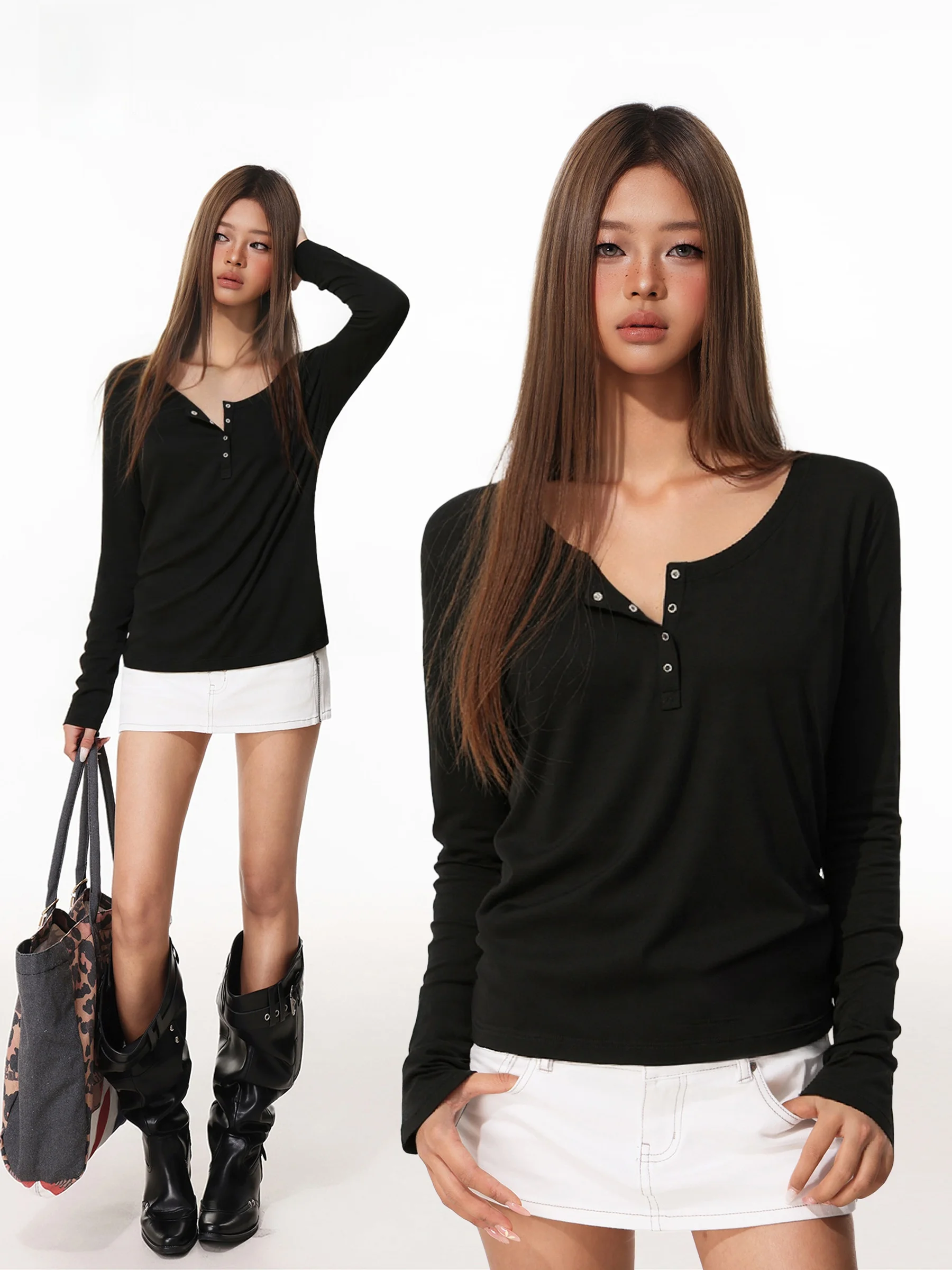 

Basic Long Sve Henry Collar T-irt Women's Slim Fit Casual Sle Autumn Top Button up Pure Color Knitted Thin Model