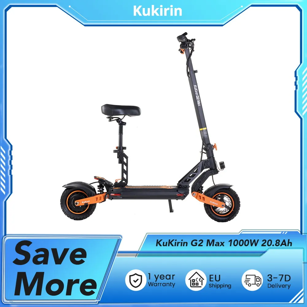 KuKirin G2 Max Scooter électrique 10 "pneu tout-terrain 1000W 55 Km/h vitesse maximale 48V 20.8Ah gamme 70km siège détachable hauteur réglable