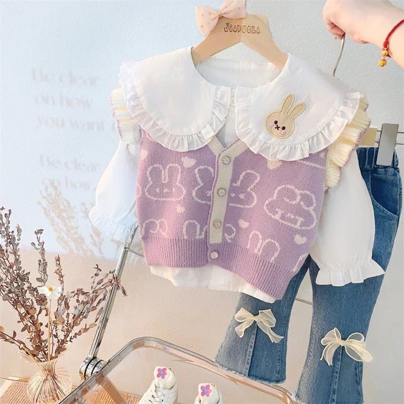 Baby Girls Knitted Vest Lace Shirt Jeans 3 Pcs Suit Infant Cartoon Clothes Outfits Kids Clothing Sets Children Sportswear