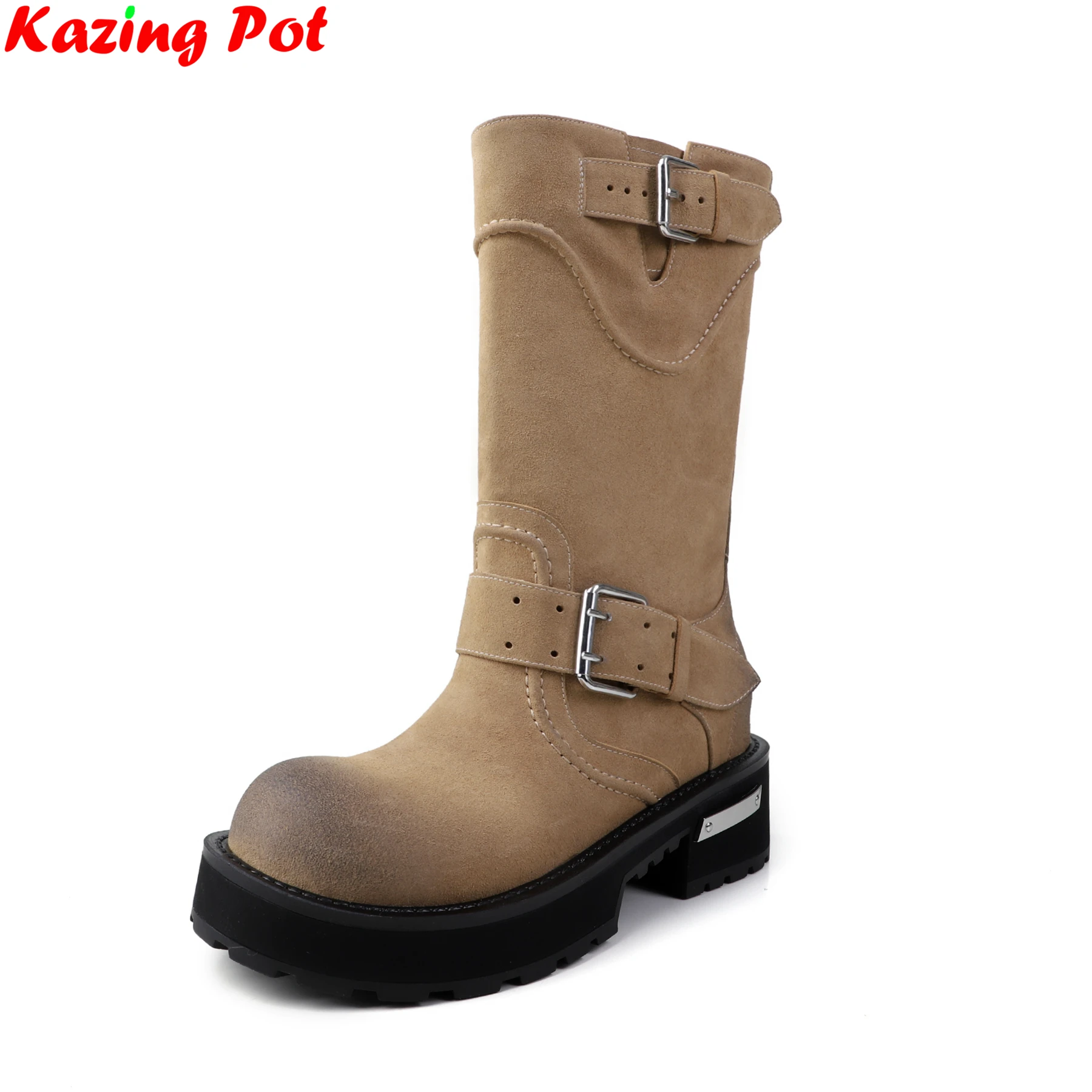 

Cow Suede Chunky High Heels Belt Buckle Retro Western Boots Warm Winter Autumn Shoes Brand Luxury Platform Women Mid-calf Boots