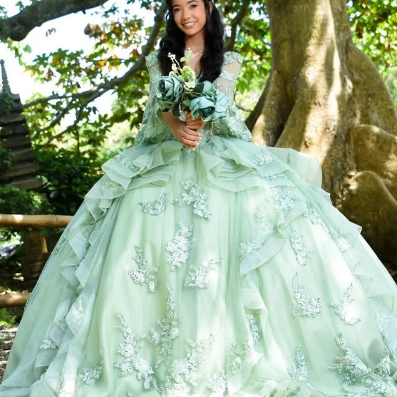 Maßgeschneidertes, schulterfreies Quinceanera-Kleid in Mintgrün mit Paillettenapplikation, Tüll, Spitze, 3D-Blume, Vestidos de 15 Quinceanera