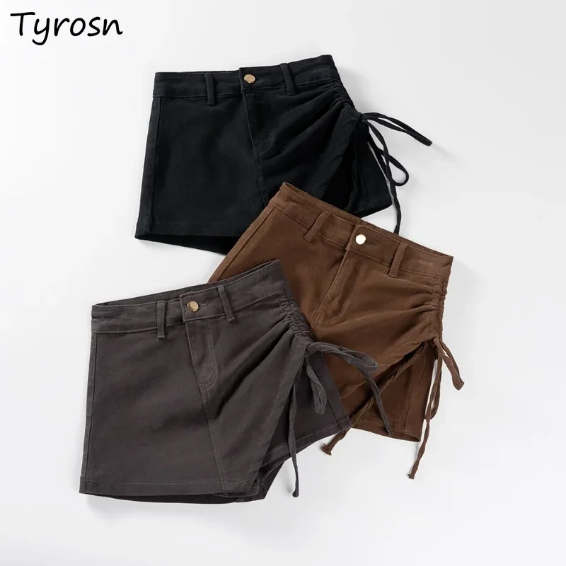 

Джинсовые шорты для женщин с гофрированным дизайном, летние универсальные потертые старые повседневные однотонные классические корейские стильные модные повседневные винтажные шорты