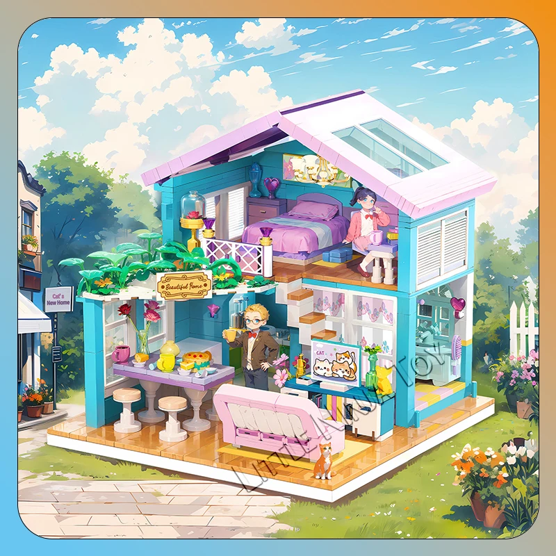612053 Cat New Home Street View فتاة الأطفال لعبة مكعبات البناء الفكرية هدية