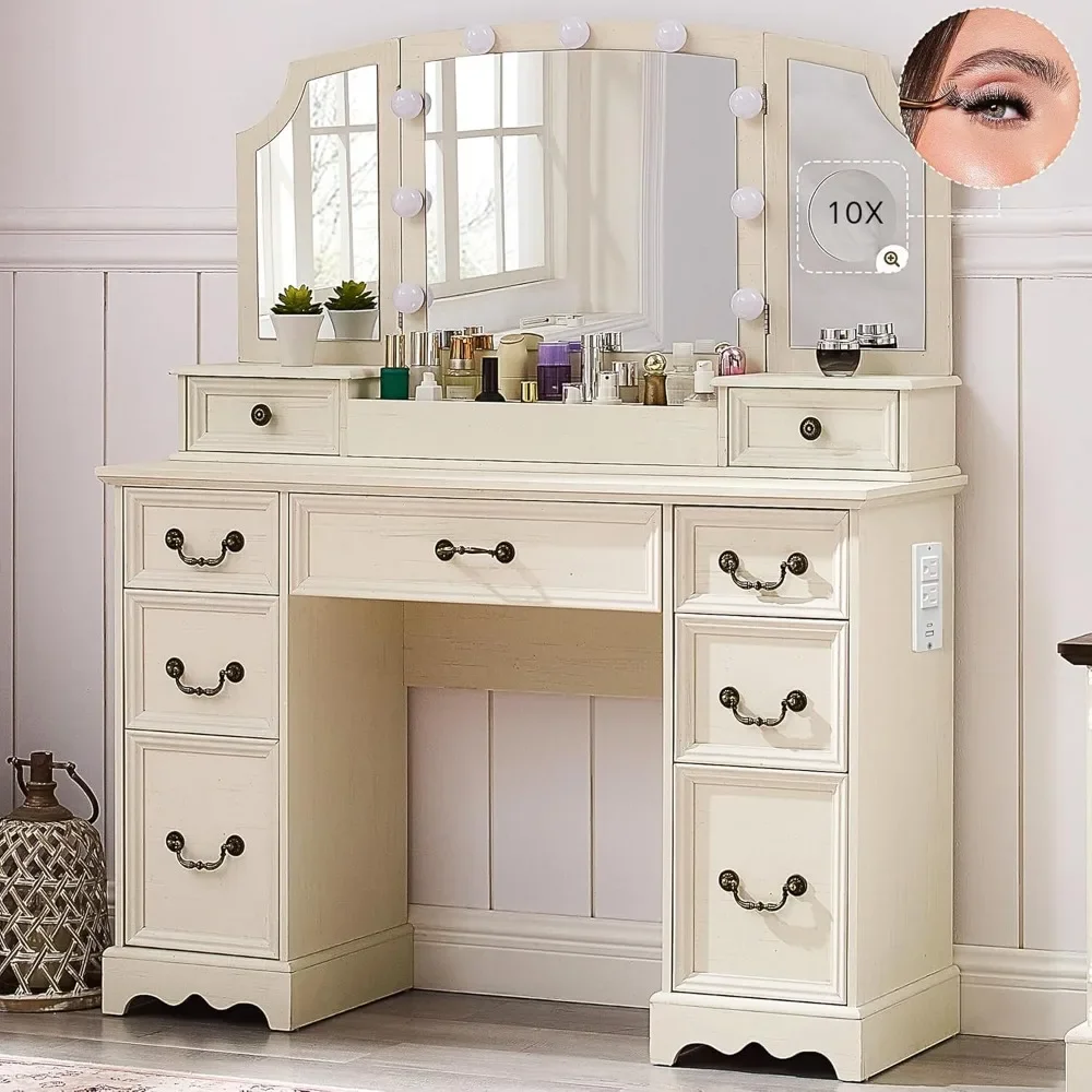 

51" X 47“ Vanity Desk with Lighted Tri-fold Mirror & Power Outlet, Farmhouse Makeup Vanity Table with 15 Storage Drawers