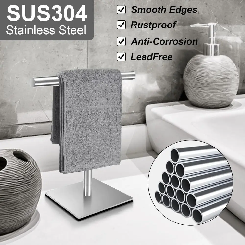 Stainless Steel Bath Towel Stand T-Shape Movable Towel Bar Rack Modern Style Space Saving Bathroom Towel Hanger Countertop