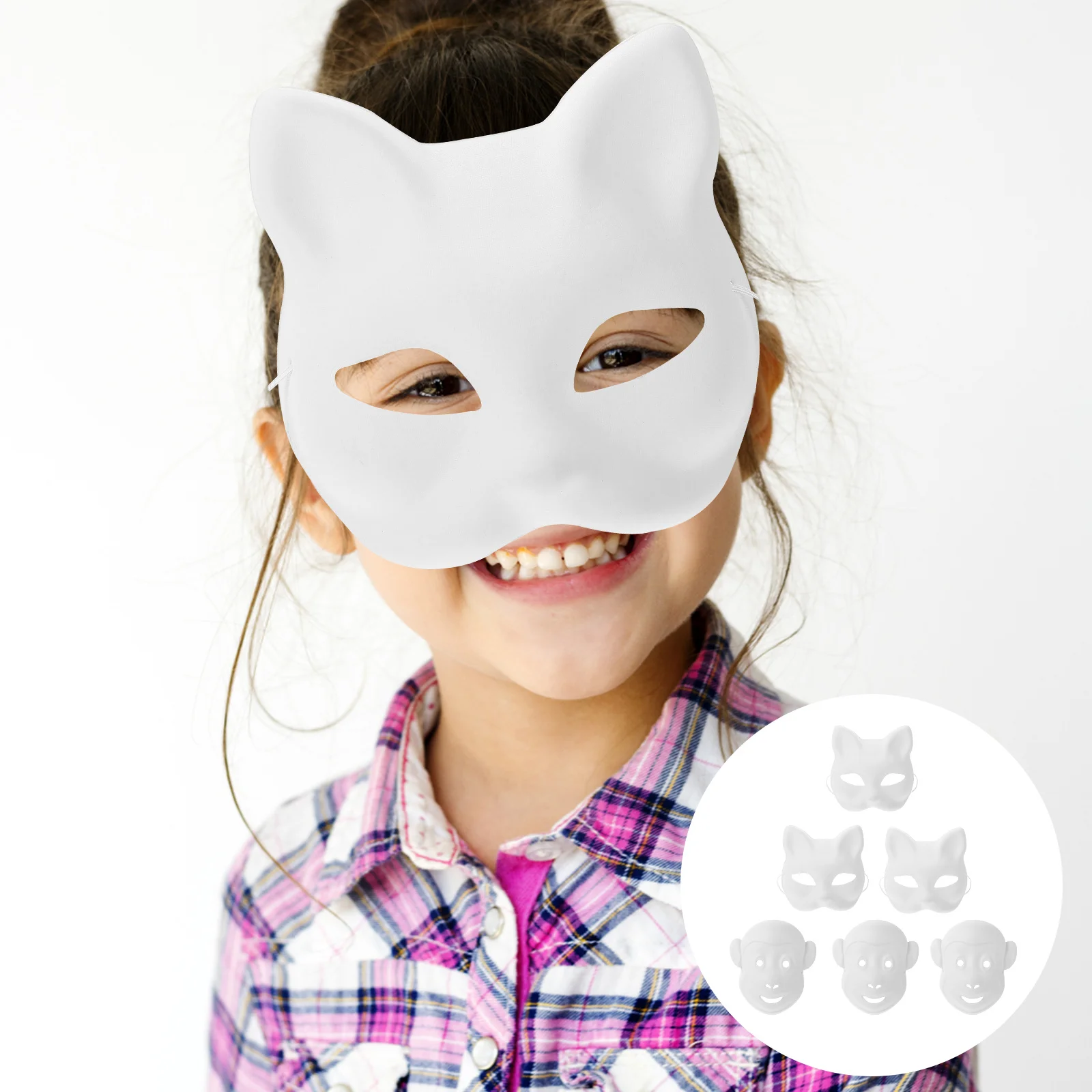 6 Pcs DIY Paintable Cat Mask for Halloween Party Unisex Animal Face Craft Kit Masquerade Costume Prop White Blank Masks