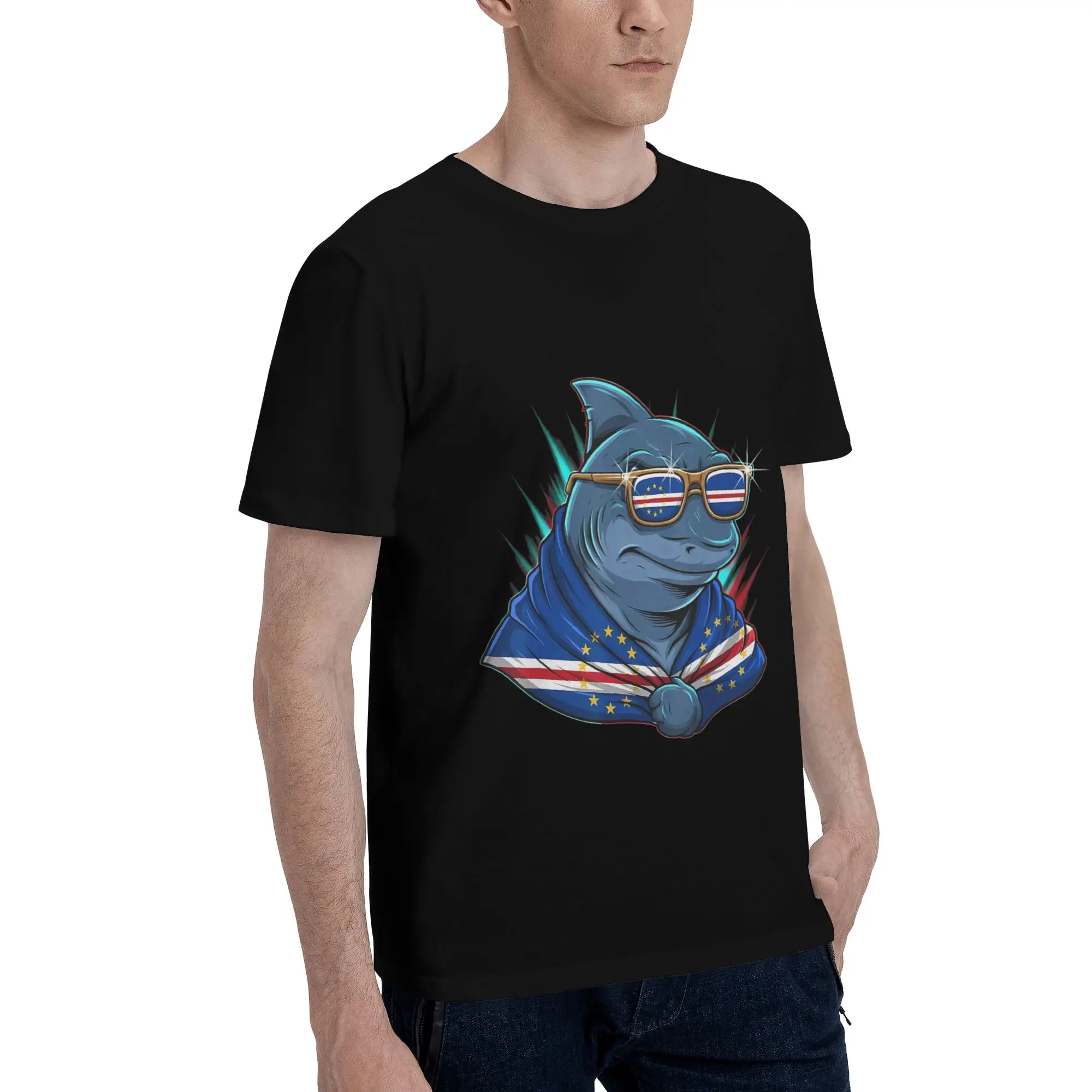 Cape Verde Flag Shark Cape Verdean Roots Men T-Shirt Clothes  Humorous Tee Shirt Short Sleeve fugees Pure Cotton