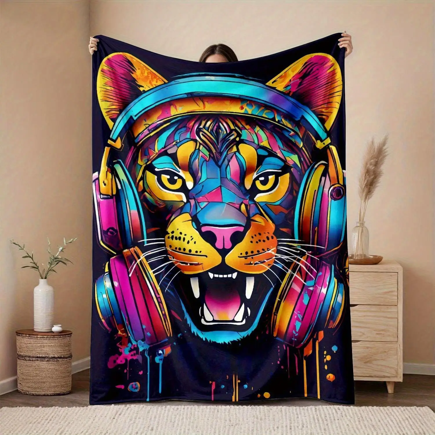1pc Large Heavyweight Flannel Blanket - Neon Graffiti Leopard Head with Headphones Design in Neon Green, Pink, Blue, Purple