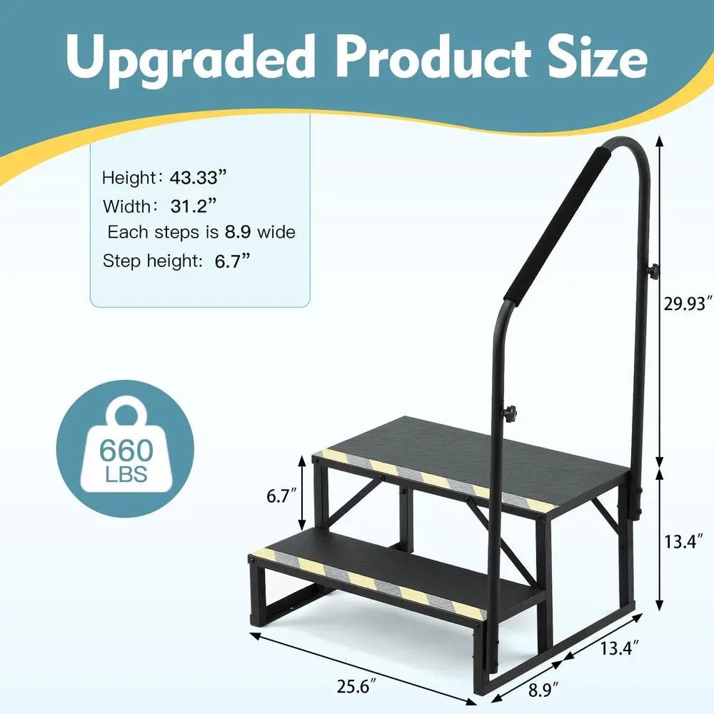2-Step RV Stairs with Handrail, 660lbs Capacity, Anti-Slip Metal Steps for Hot Tub, Mobile Home, Camper, Pool, and Porch
