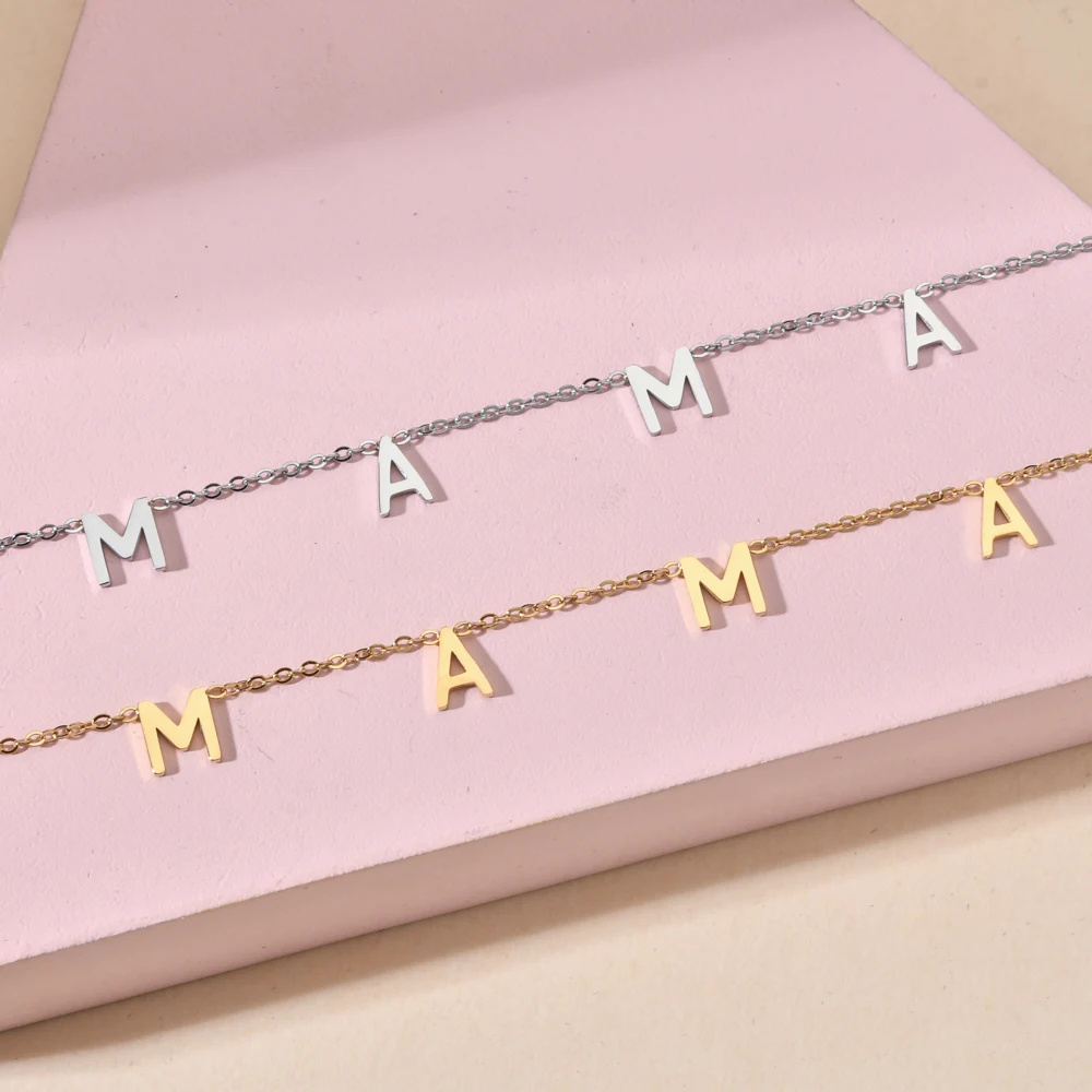 Dainty Mama Necklace Gold Color Stainless Steel Waterproof Choker Mama Letters Nameplate Necklaces Jewelry Gift For Mom And Wife