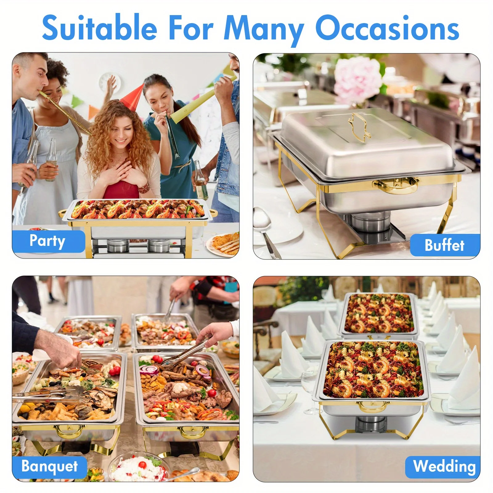 8pcs 9QT Golden Stainless Steel Chafing Dishes for Buffet,  Buffet Warmers Sets for Parties Weddings Catering Buffet