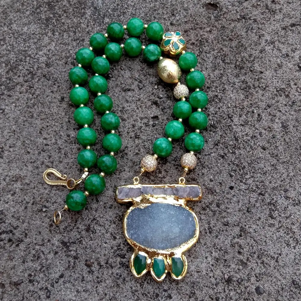 Y·YING Green Jade Agate Druzy Pendant Necklace Semi Precious Stone Jewelry