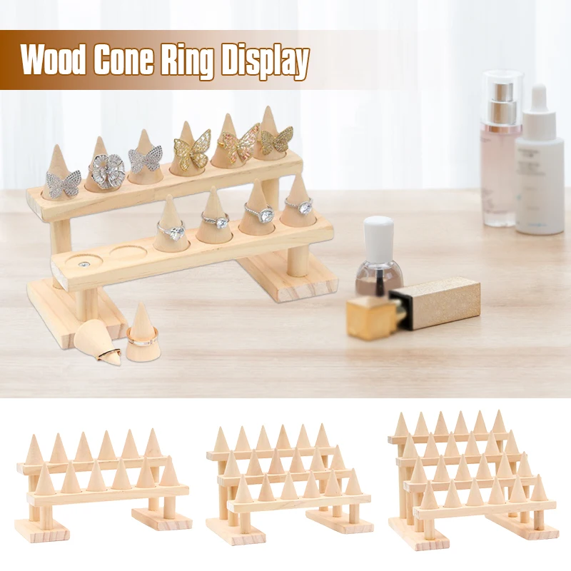 Wood Cone Ring Display Holder Jewelry Display Stand Ring Showcase Storage Tray For Counter Shows Wooden Base Decor