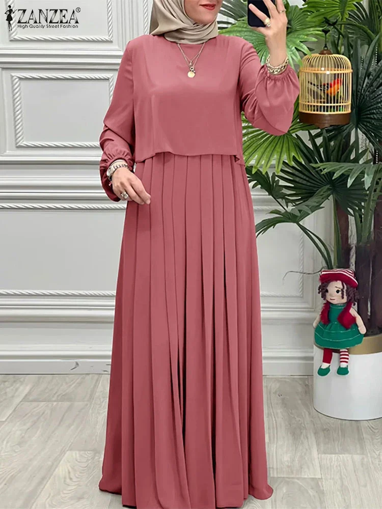 ZANZEA mode à manches longues solide Robe plissée femmes 2025 automne robes musulman Abaya Robe Femme ample caftan islamique vêtements
