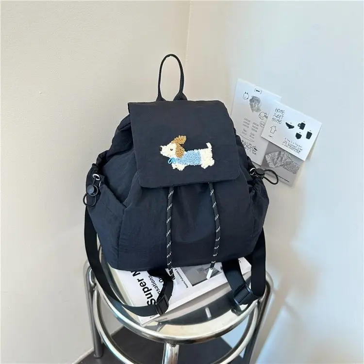 Korean Style Lightweight Drawstring Backpack for Women Casual Trendy Cartoon Design Student Bookbag Commuter Nylon Material