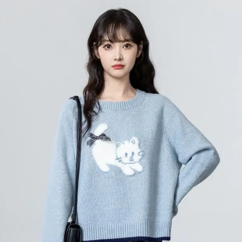 Blue O Neck Sweaters Bow Pullovers Cartoon Cat Sueter Mujer Oversize Y2k Long Sleeve Preppy Style Japanese Women Sweet Kawaii