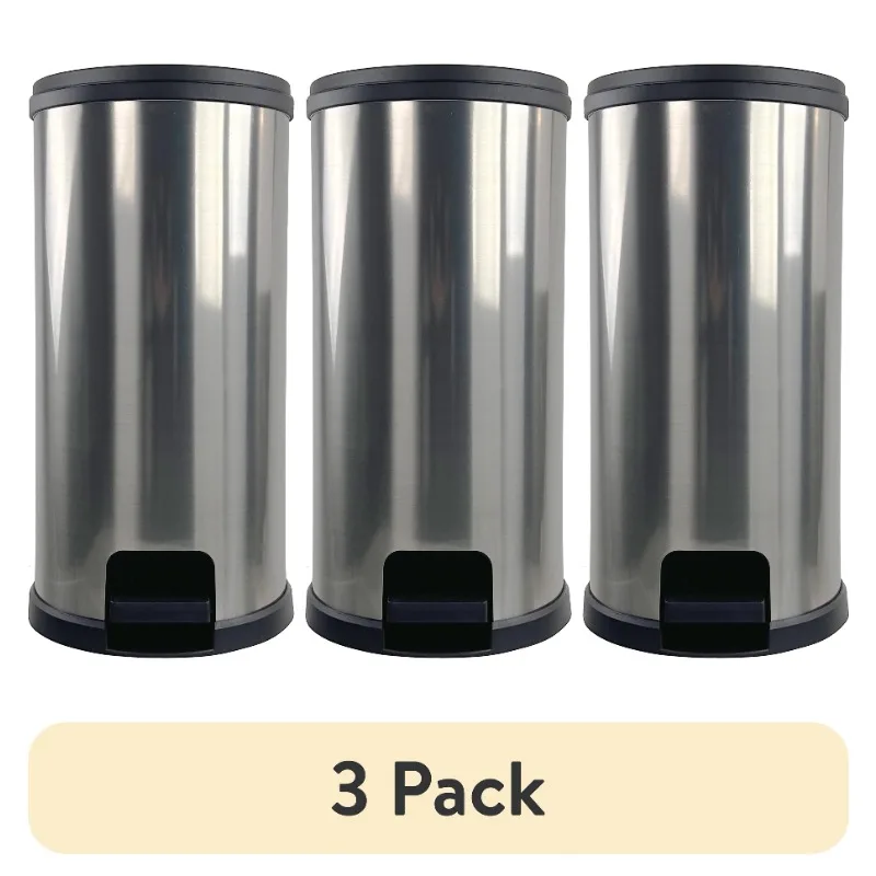

(3 pack) 7.9 Gallon Trash Can, Plastic Round Step Kitchen Trash Can, Silver