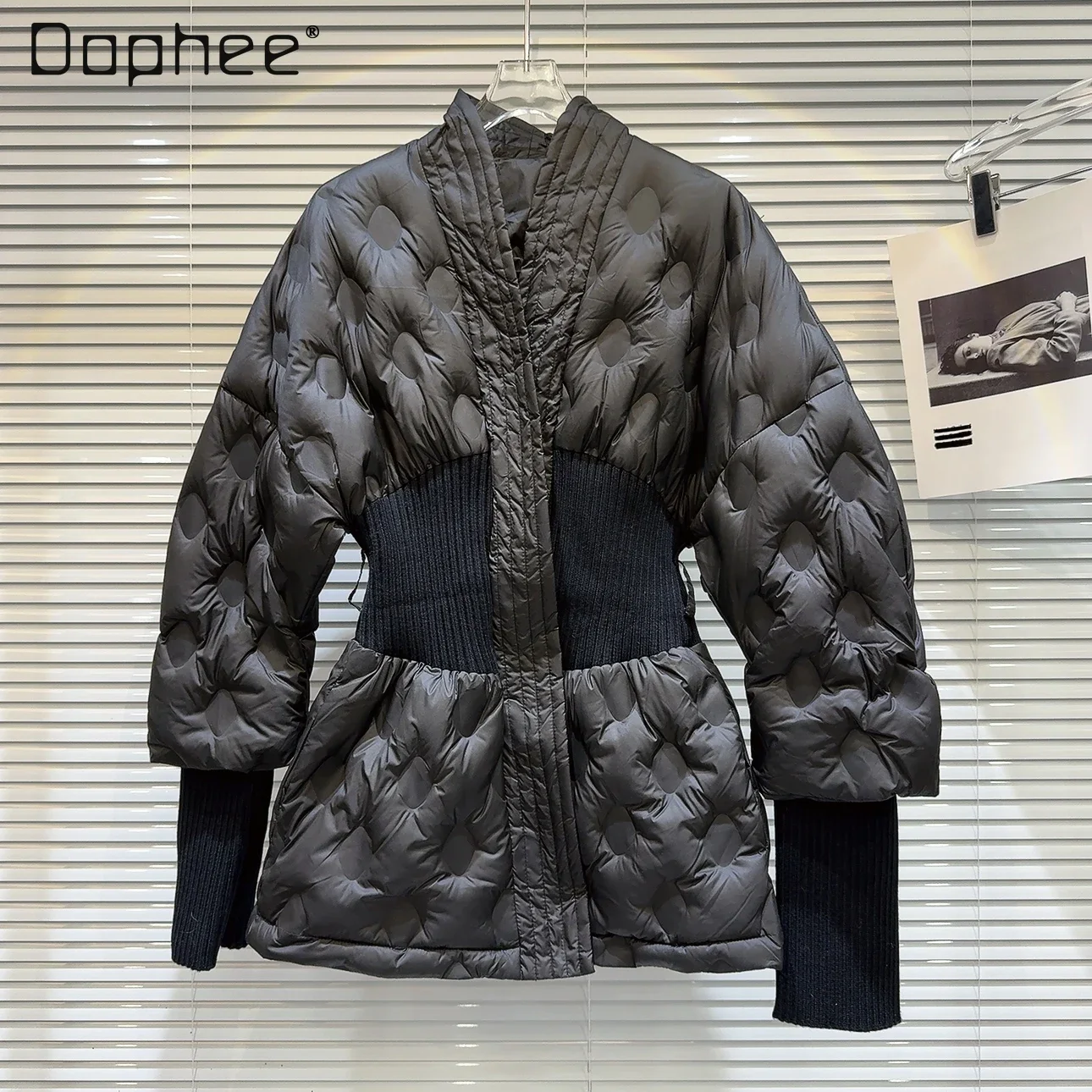 

Streetwear Thread Waist-Tight Down Jaqueta Puffer Feminina 2023 Winter Thickened V-neck White Duck Mid-length Down Coat Woman