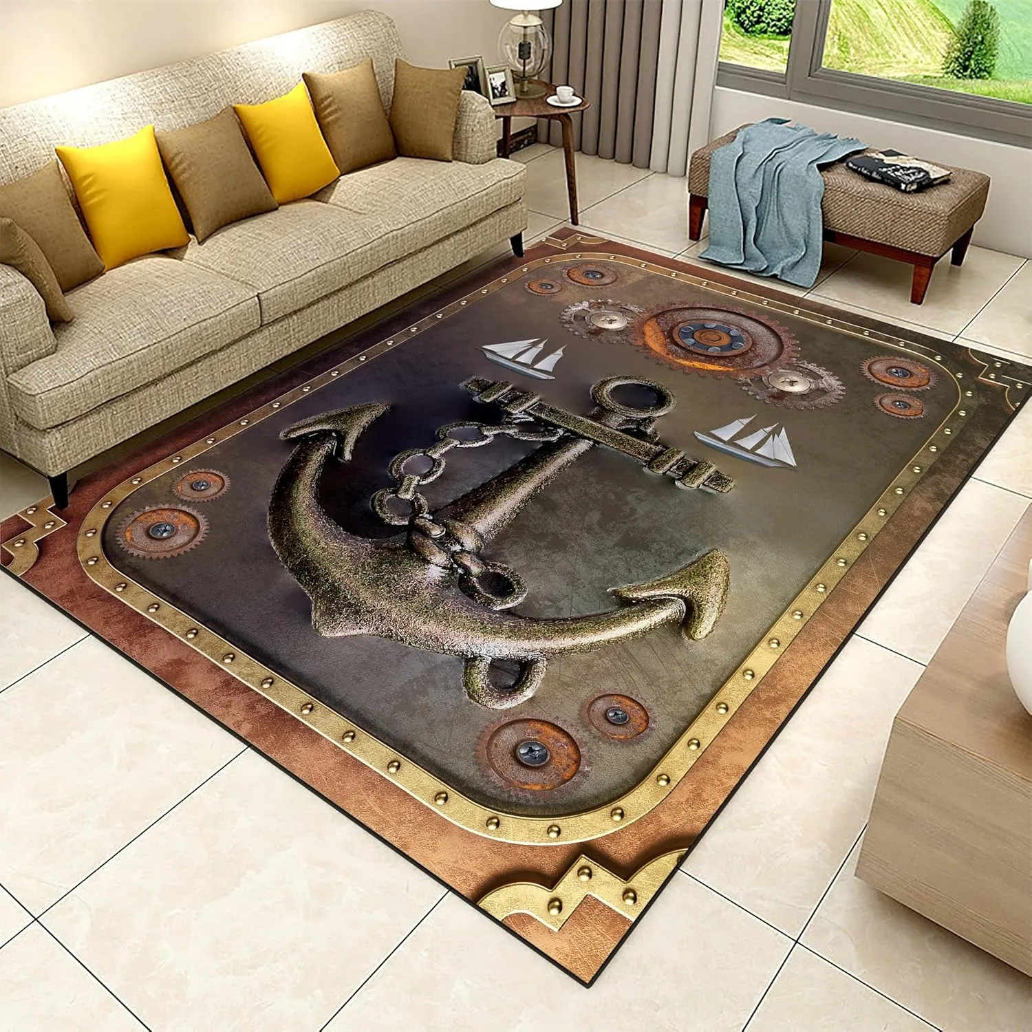 Vintage Navy 3D Anchor Pattern Area Rug with Golden Trim Non-Slip Coastal Theme Carpet Durable Floor Mat for Sofa Bedroom
