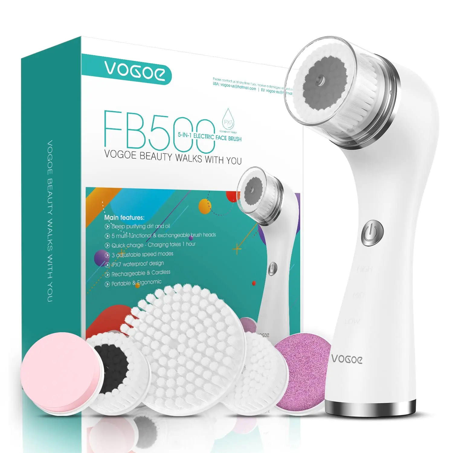Rechargeable Electric Face Cleansing Brush, IPX7 Waterproof with 3 Speeds & 5 Brushes for Deep Cleansing and Exfoliating