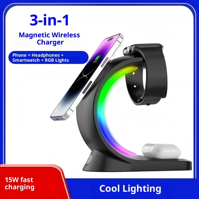 

3-in-1 Magnetic Wireless Fast Charger Stand with RGB Light for iPhone 12 13 14 15 16 Apple Watch AirPods