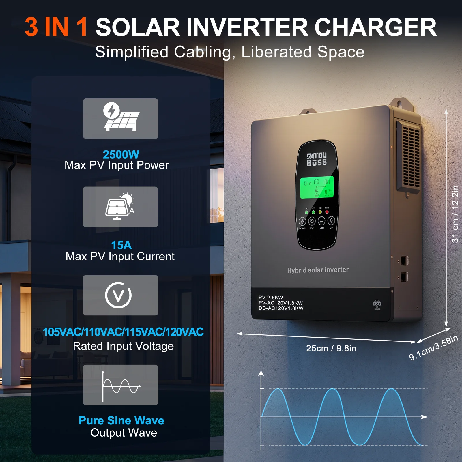 DATOUBOSS 1800W Hybrid Solar Inverter 12V DC To 120V AC Pure Sine Wave Built In MPPT 15A Solar Charger Controller Off Grid UPS Inverter
