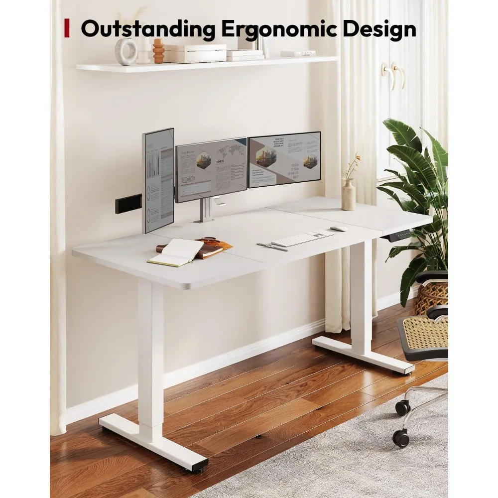 Height Adjustable Electric Standing Desk 71x32 Inches for Home Office with Splice Board, White Frame, Ergonomic Sit-Stand Desk