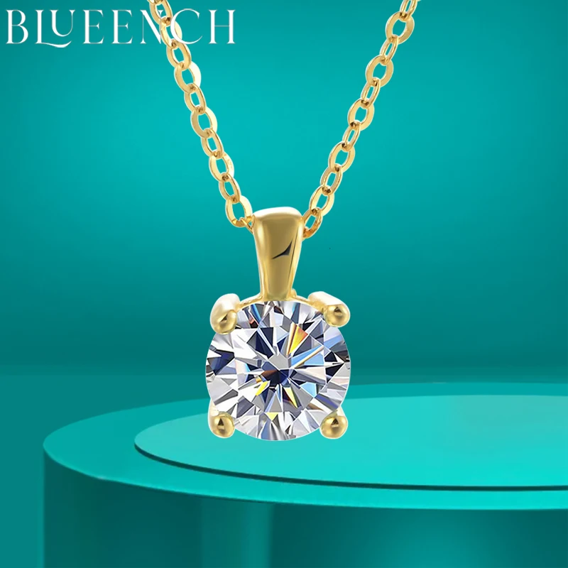 BLUEENCH Classic Four Prong 1ct Moissanite Necklace Women's 925 Sterling Silver Plated 18k Gold Pendant Luxury Fine Jewelry