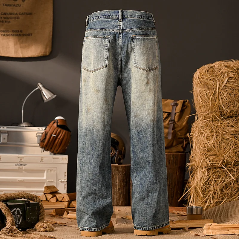 Retro ripped patch jeans for men 2025 fashion men's clothing loose straight leg wide leg mopping nostalgic Y2K pants