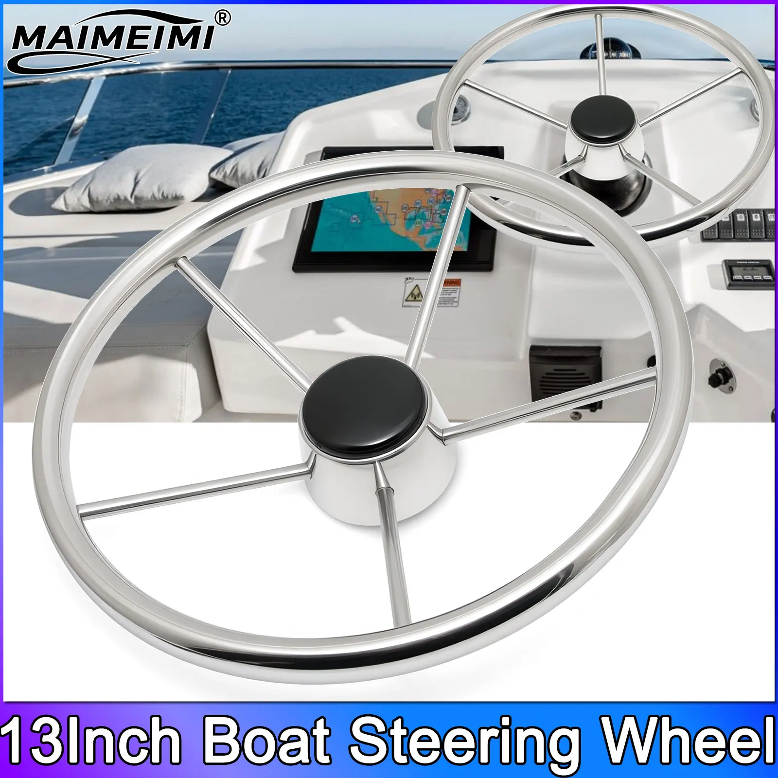 13 Inch Boat Steering Wheel Mirror Polished Stainless Steel Steering Wheel 5 Spoke Boat Yacht Boat Accessories