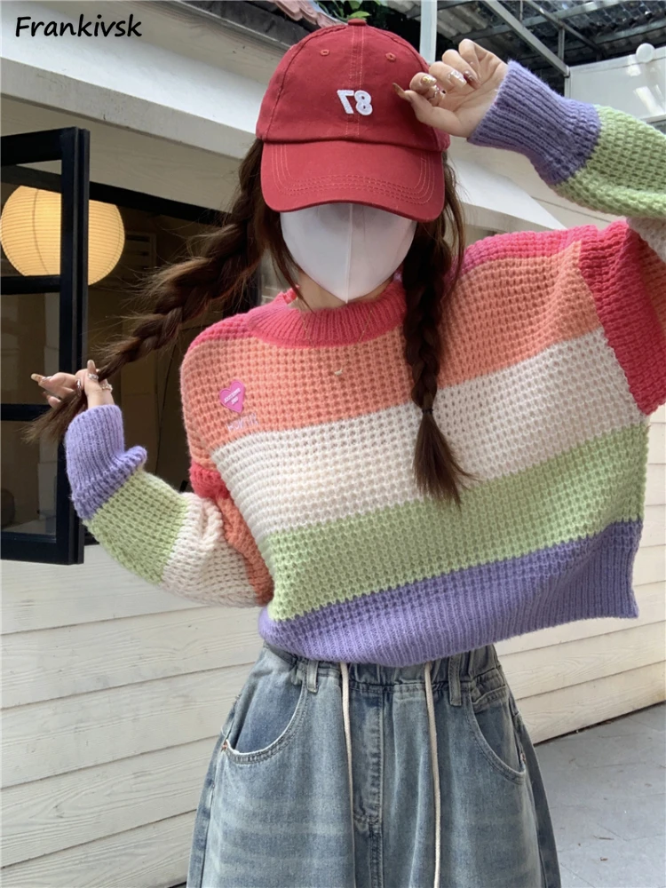 

Women Sweater Striped Elegant Sweet Streetwear Schoolgirl Temperament All-match Fashion Daily Chic Korean Style Y2K Colorful Top